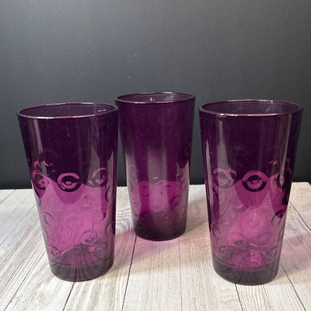 Vintage Pasabache Amethyst Juice Glasses Tumblers Optic Dot Pattern - Set Of 3